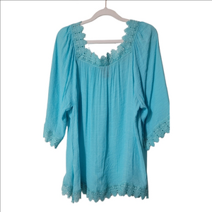 NEW DIRECTIONS Turquoise Gauzy Tunic With Crochet-Trim Neck And Hem, Size LARGE